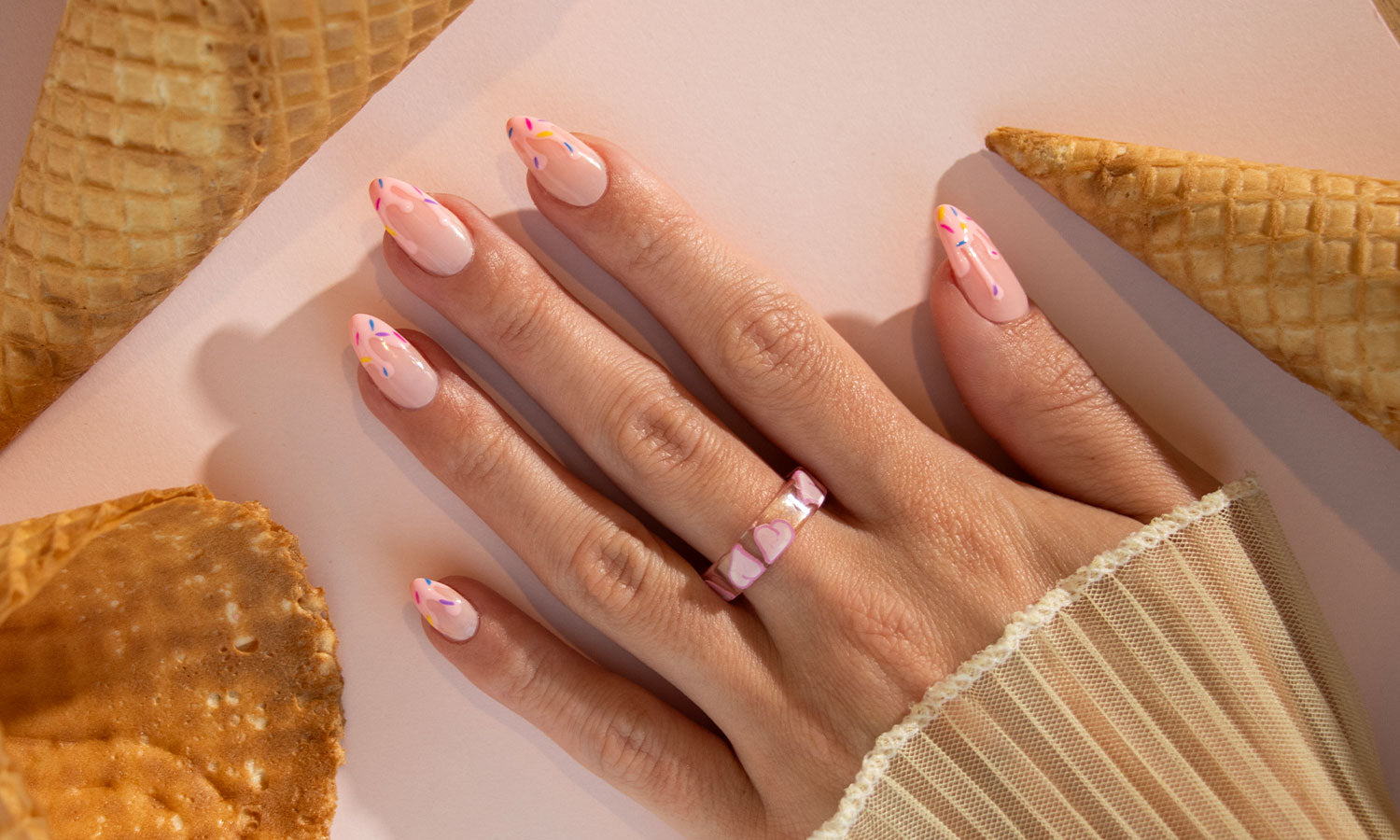 Gelous Ice Creams French Tips Gel Nail Polish Art - photographed in United Kingdom on model