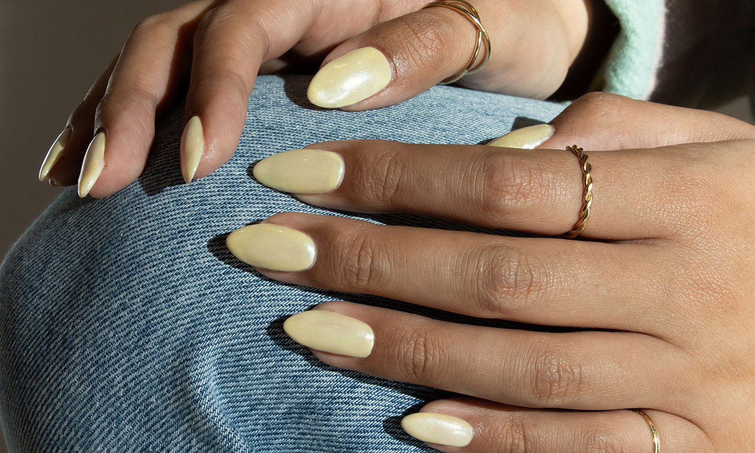 Gelous Buttery Yellow Chrome Gel Nail Polish Art - photographed in United Kingdom on model