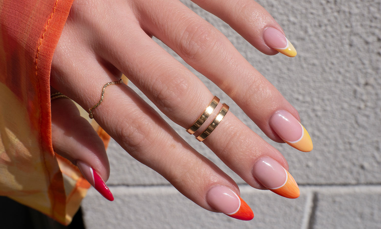 Gelous Orange and Yellow Ombre French Tips Gel Nail Polish Art - photographed in United Kingdom on model